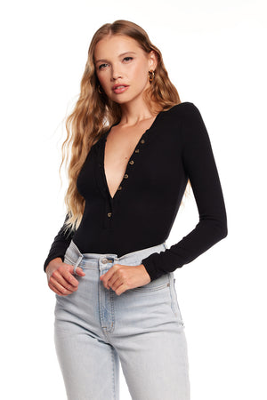 Button Up Ribbed Henley Bodysuit