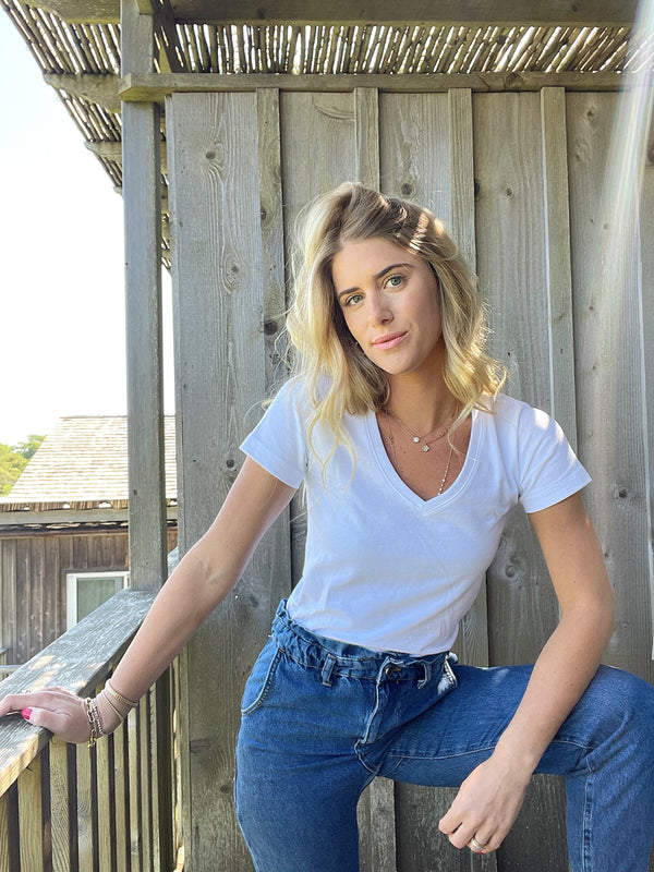 Ambitionist Boxy V-Neck Tee Bodysuit in white cotton