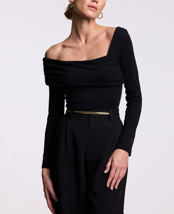 Women's Off Shoulder Long Sleeve Bodysuit - Black Stretch Bardot Leotard - 95% Viscose