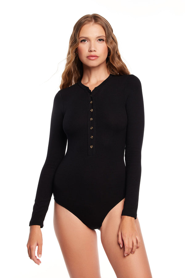 Button Up Ribbed Henley Bodysuit